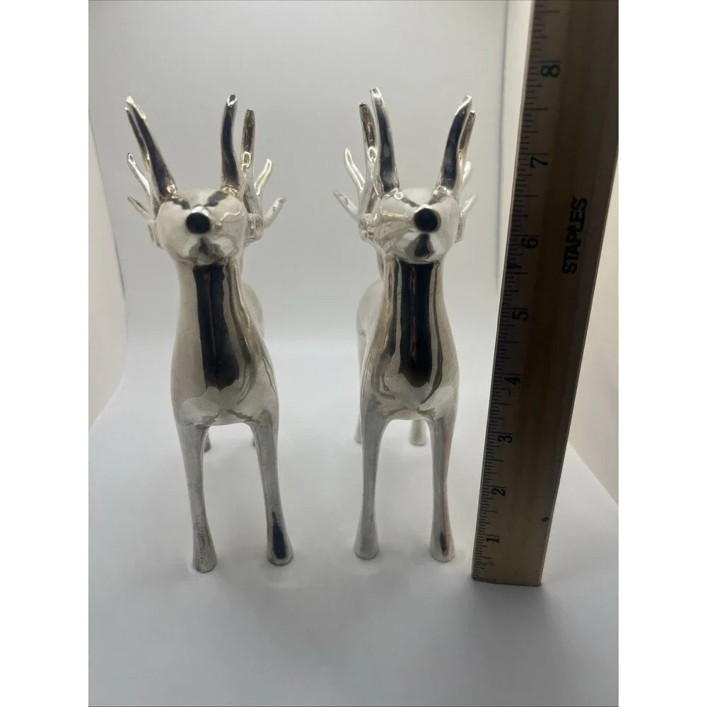 Set 2, Pottery Barn Silver Plate Reindeer Taper Candle Holder Christmas Heavy 8”